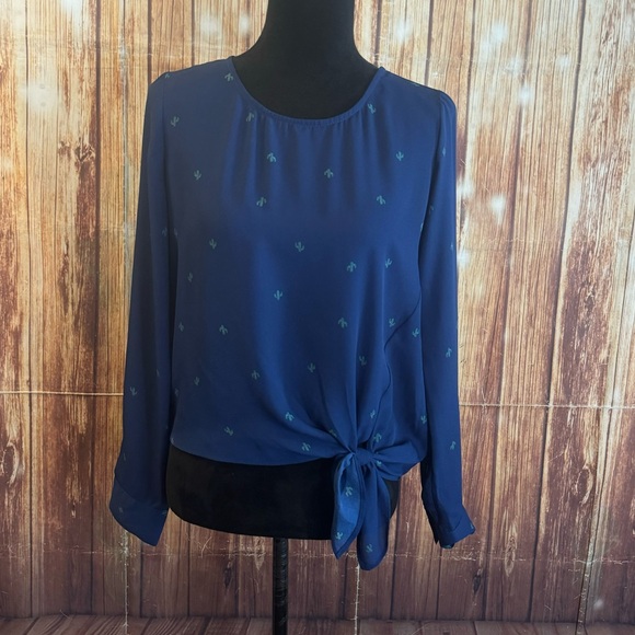 Socialite Women Long Sleeve Cactus Printed Navy Chiffon Knot Front Blouse Small - Picture 2 of 12